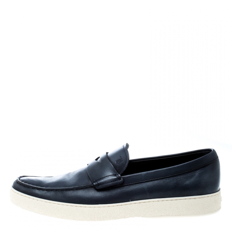 Pre Owned Tod's Blue Leather Penny Boat Slip On Sneakers Size 42