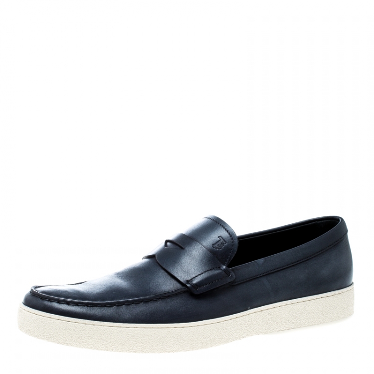 Pre Owned Tod's Blue Leather Penny Boat Slip On Sneakers Size 42
