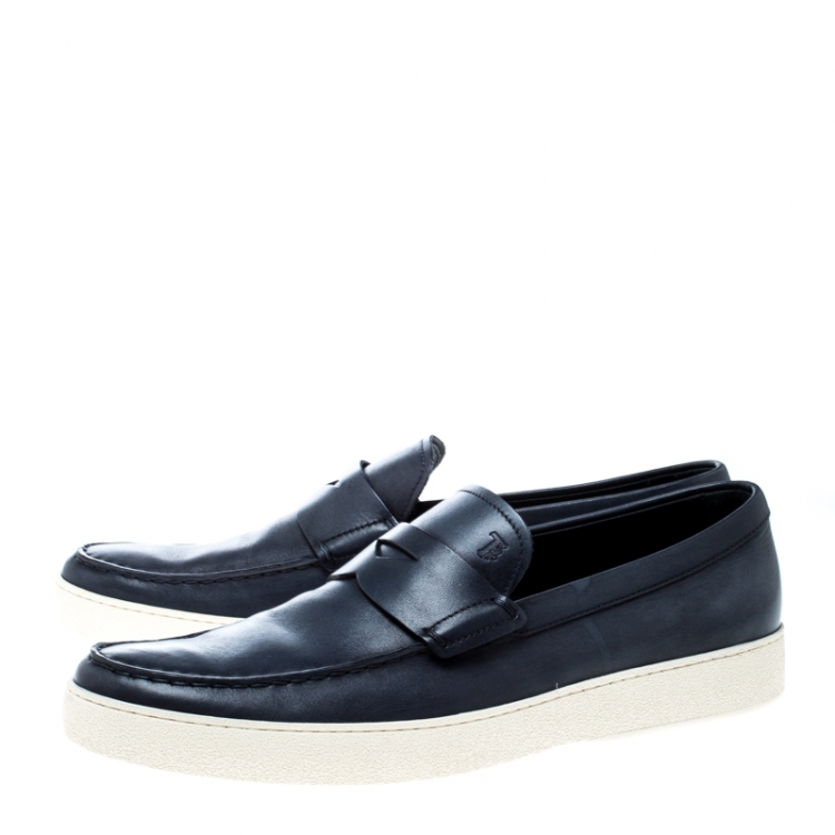Pre Owned Tod's Blue Leather Penny Boat Slip On Sneakers Size 42