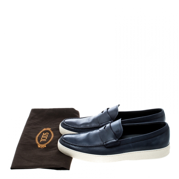 Pre Owned Tod's Blue Leather Penny Boat Slip On Sneakers Size 42