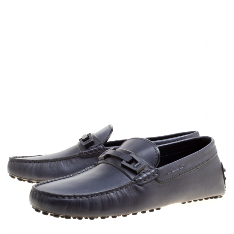 Pre Owned Tod's Dark Blue Leather Macro Clamp Loafers Size 39.5
