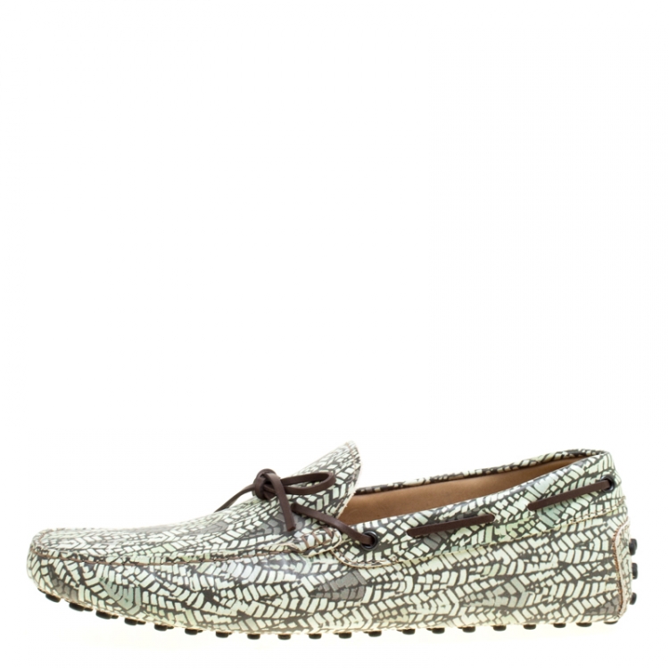 Pre Owned Tod's Green Abstract Print Leather Bow Loafers Size 44