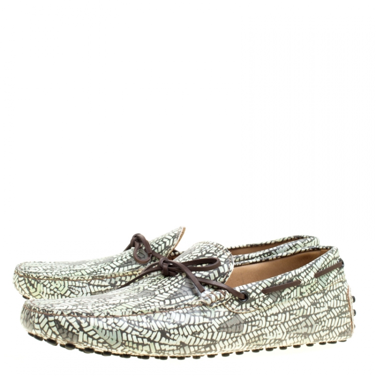 Pre Owned Tod's Green Abstract Print Leather Bow Loafers Size 44