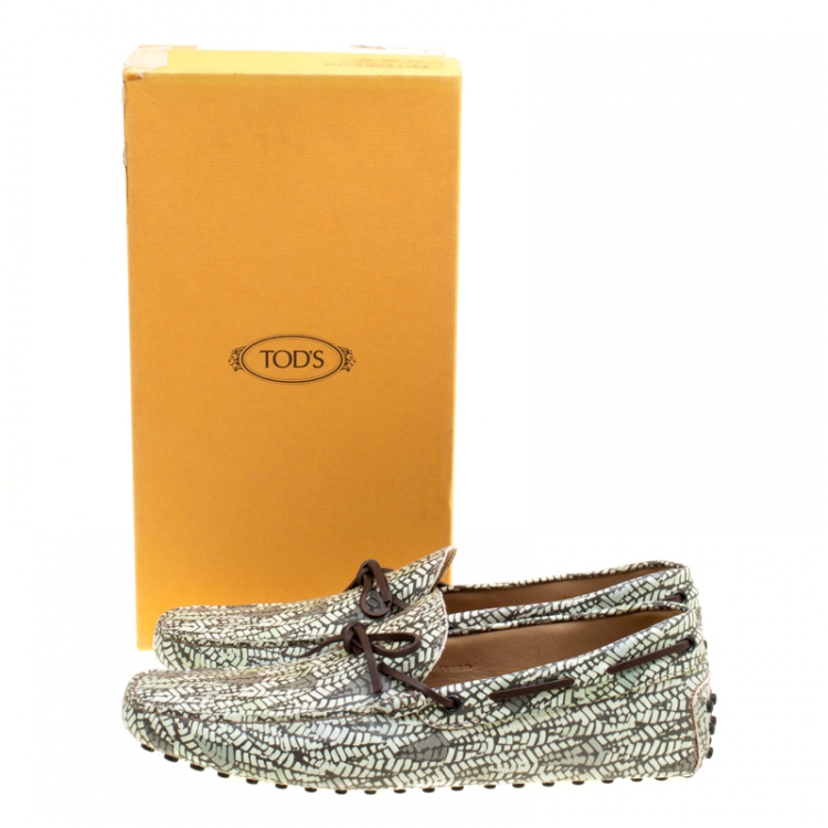 Pre Owned Tod's Green Abstract Print Leather Bow Loafers Size 44
