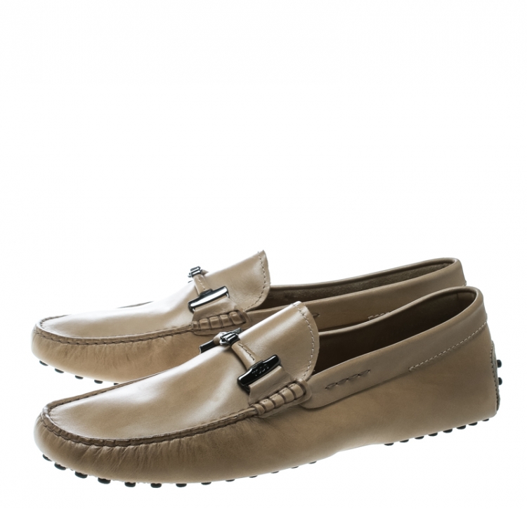 Pre Owned Tod's Taupe Leather Horsebit Loafers Size 43