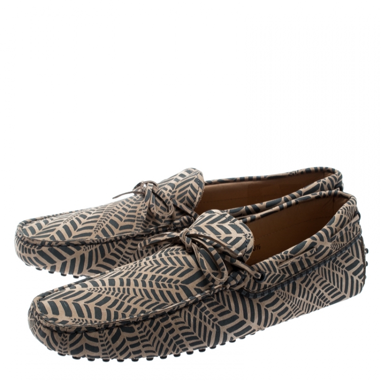 Pre Owned Tod's Beige and Grey Printed Leather Bow Loafers Size 42.5