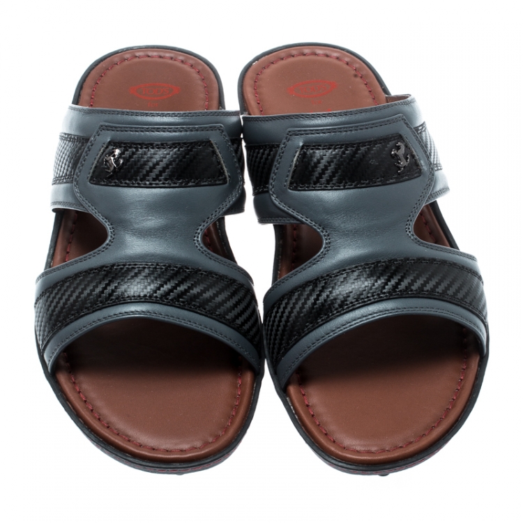 Pre Owned Tod's For Ferrari Limited Edition Grey Leather Platform Slide Sandals Size 41.5