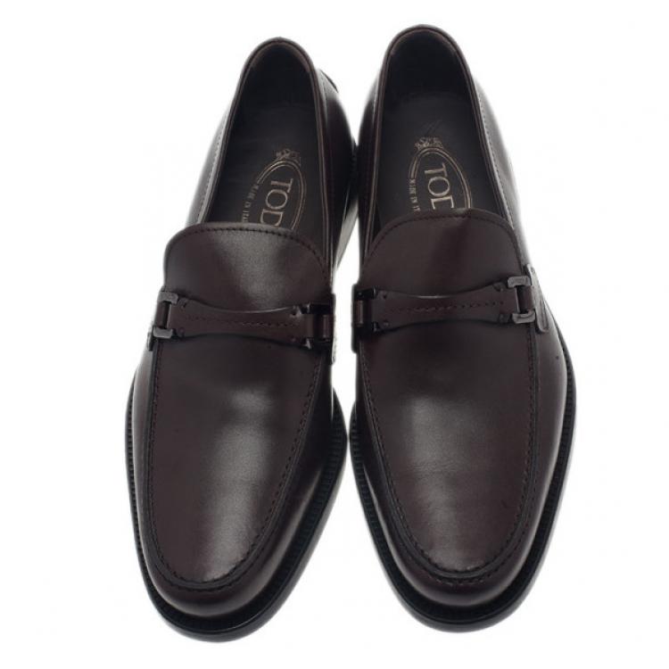 Pre Owned Tod's Brown Leather Saddle TT Buckle Loafers Size 42.5