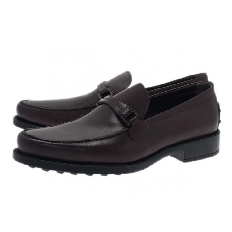 Pre Owned Tod's Brown Leather Saddle TT Buckle Loafers Size 42.5