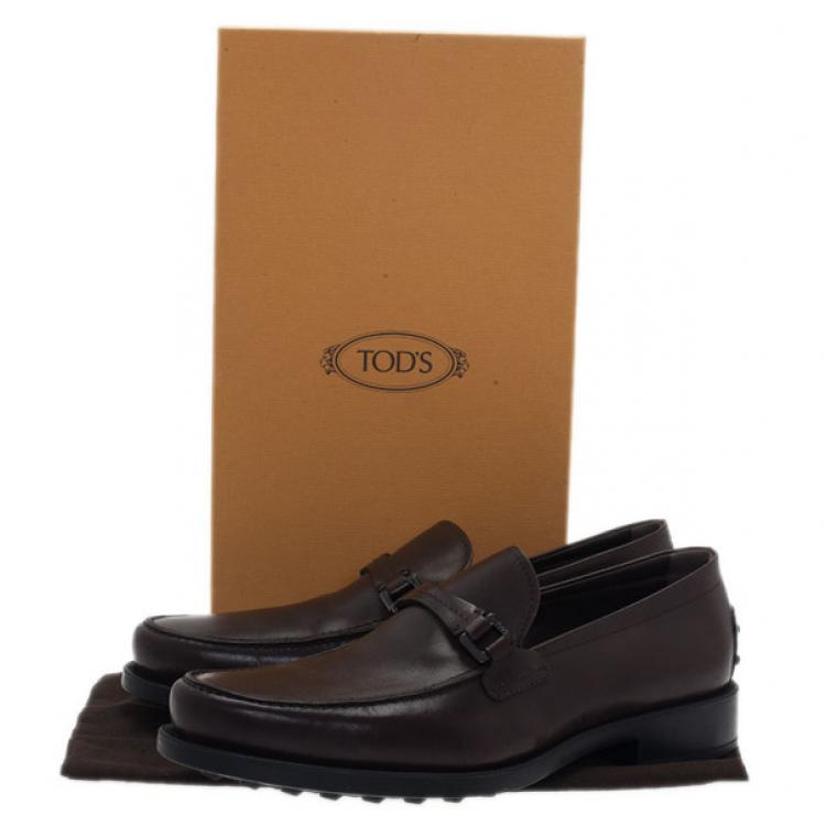 Pre Owned Tod's Brown Leather Saddle TT Buckle Loafers Size 42.5