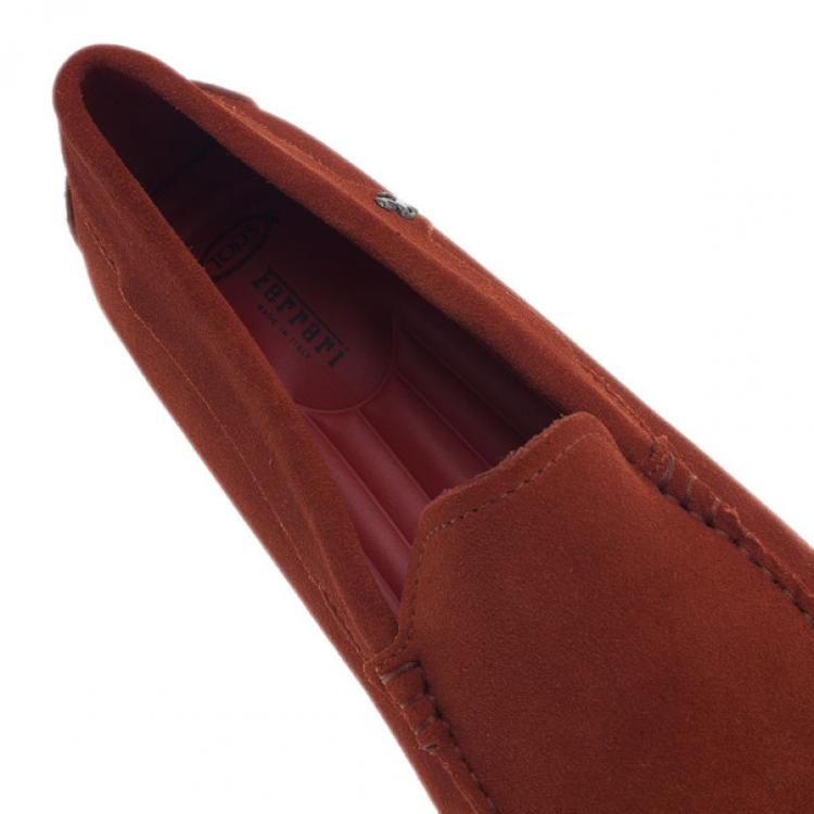 Pre Owned Tod’s for Ferrari Orange Suede Limited Edition Gommino Loafers Size 42
