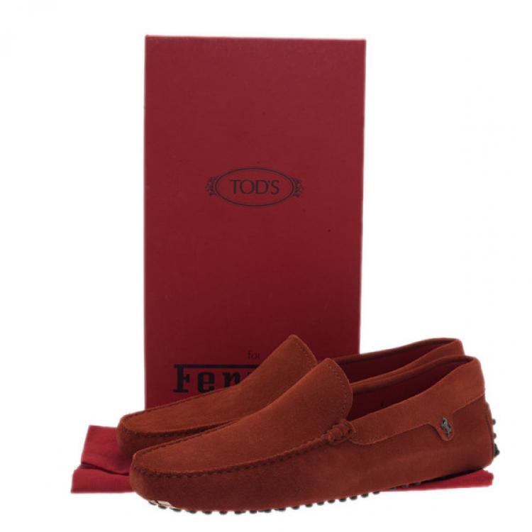 Pre Owned Tod’s for Ferrari Orange Suede Limited Edition Gommino Loafers Size 42
