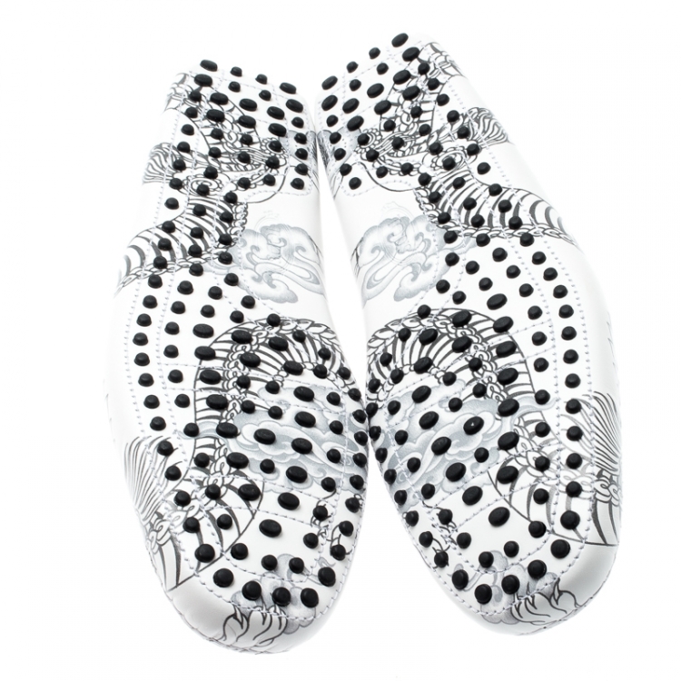 Pre Owned Tod's White Leather Dragon Print Double T Loafers Size 43