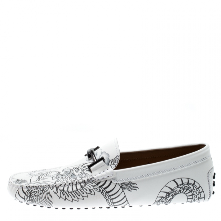Pre Owned Tod's White Leather Dragon Print Double T Loafers Size 43