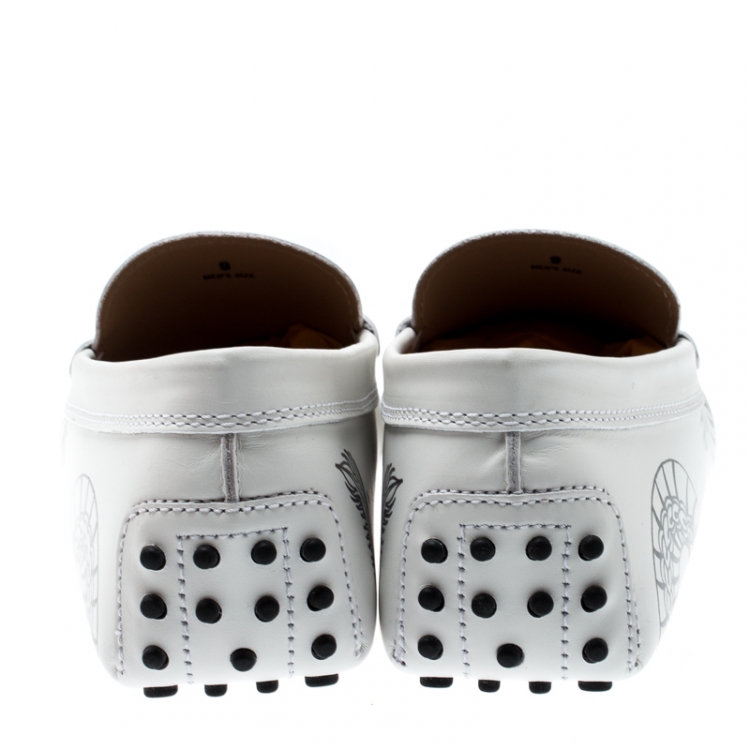Pre Owned Tod's White Leather Dragon Print Double T Loafers Size 43