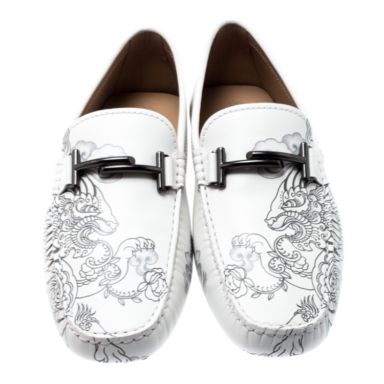 Pre Owned Tod's White Leather Dragon Print Double T Loafers Size 43