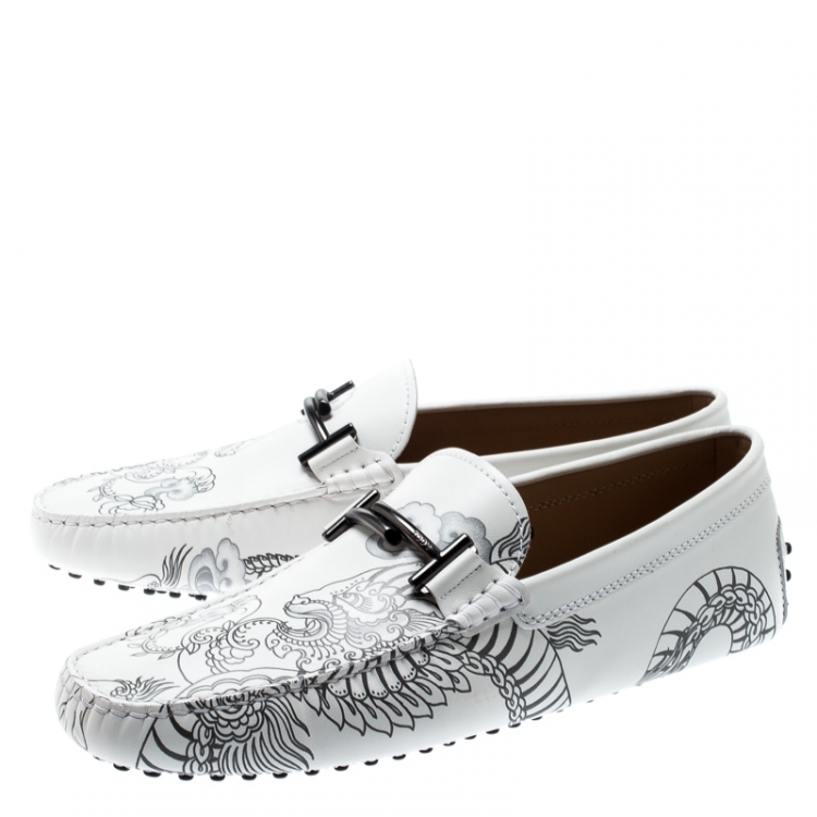 Pre Owned Tod's White Leather Dragon Print Double T Loafers Size 43