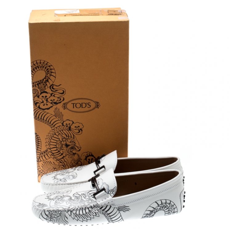 Pre Owned Tod's White Leather Dragon Print Double T Loafers Size 43