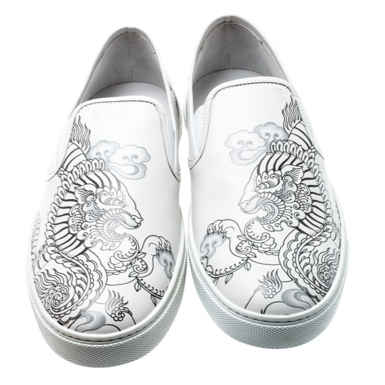 Pre Owned Tod's White Leather Dragon Print Slip On Sneakers Size 44