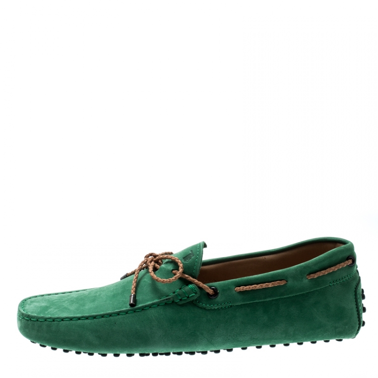 Pre Owned Tod's Green Suede with Contrast Braided Bow Loafers Size 42.5