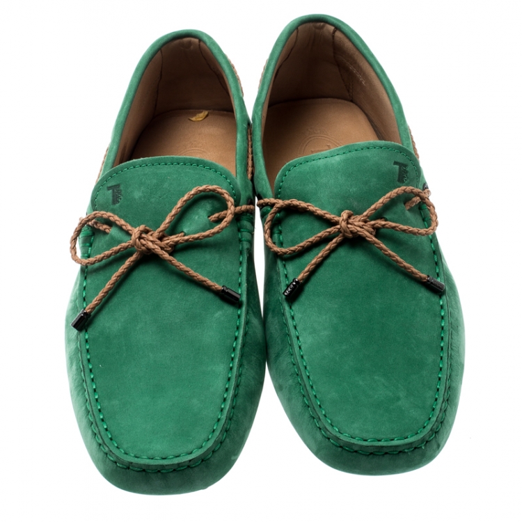 Pre Owned Tod's Green Suede with Contrast Braided Bow Loafers Size 42.5