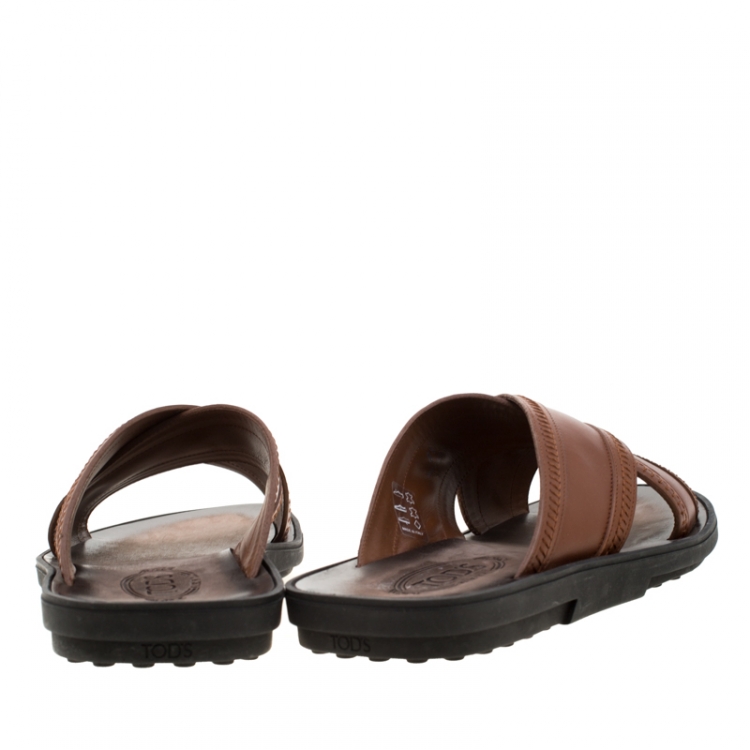 Pre Owned Tod's Brown Leather Crossed Strap Slider Sandals Size 42.5