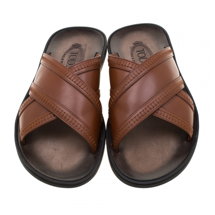 Pre Owned Tod's Brown Leather Crossed Strap Slider Sandals Size 42.5