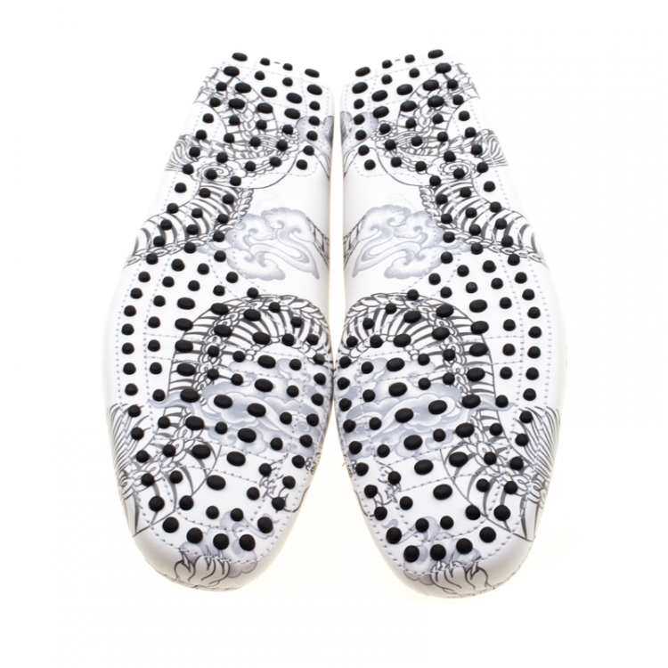 Pre Owned Tod's White Leather Dragon Print Double T Loafers Size 44.5