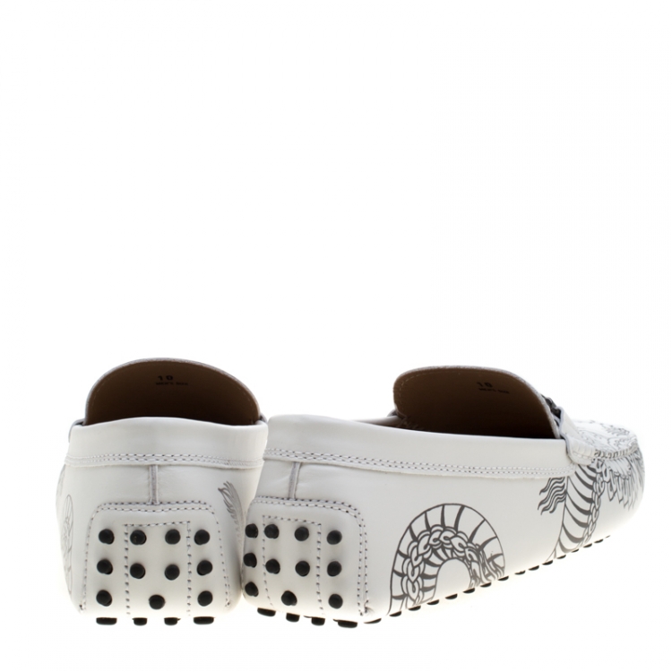 Pre Owned Tod's White Leather Dragon Print Double T Loafers Size 44.5