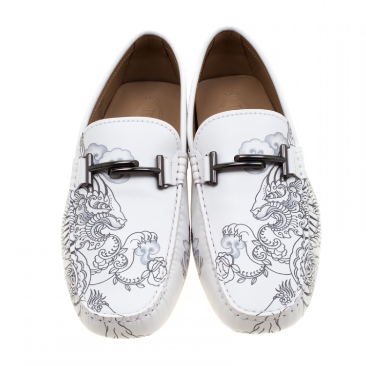 Pre Owned Tod's White Leather Dragon Print Double T Loafers Size 44.5