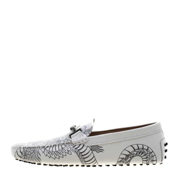 Pre Owned Tod's White Leather Dragon Print Double T Loafers Size 44.5