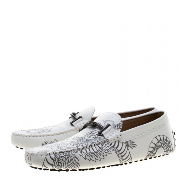 Pre Owned Tod's White Leather Dragon Print Double T Loafers Size 44.5