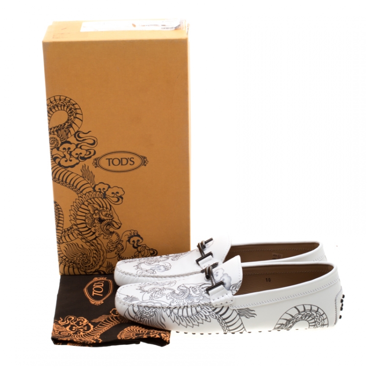 Pre Owned Tod's White Leather Dragon Print Double T Loafers Size 44.5