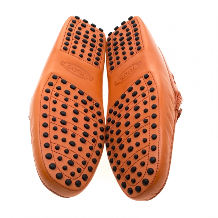 Pre Owned Tod's Orange Leather Horsebit Slip On Loafers Size 44