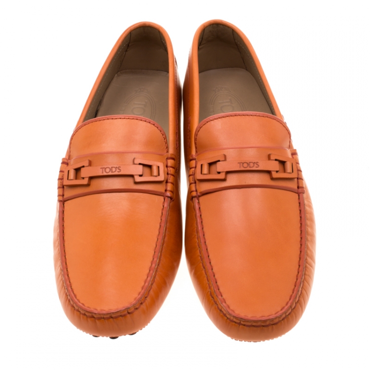 Pre Owned Tod's Orange Leather Horsebit Slip On Loafers Size 44