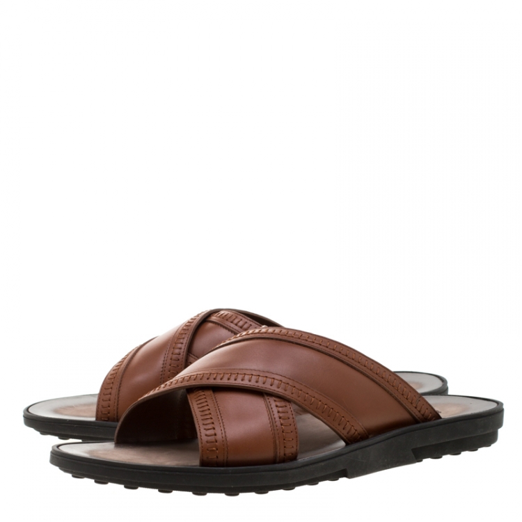 Pre Owned Tod's Brown Leather Crossed Strap Slider Sandals Size 42.5