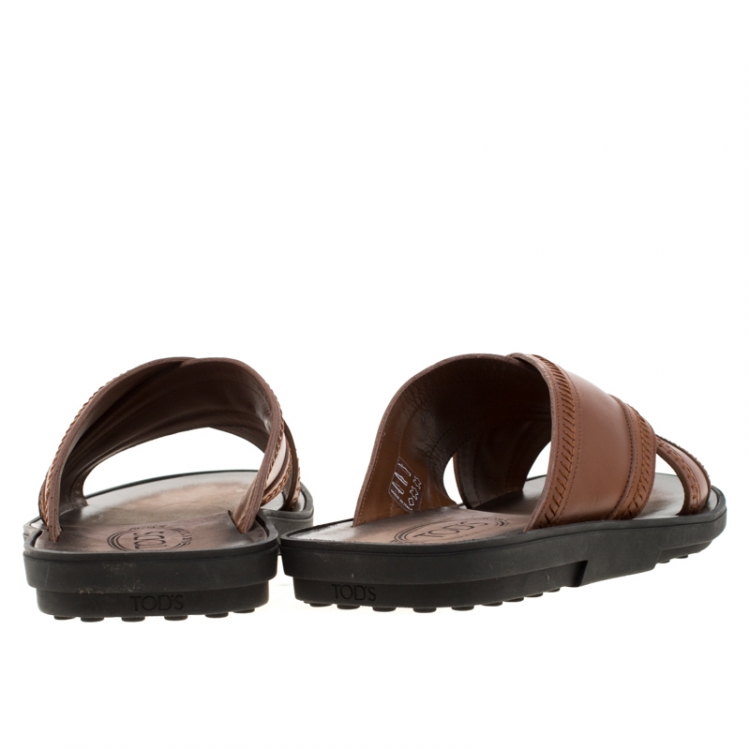 Pre Owned Tod's Brown Leather Crossed Strap Slider Sandals Size 42.5
