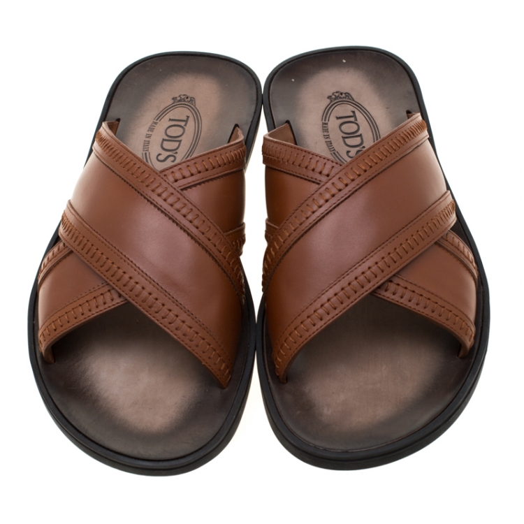 Pre Owned Tod's Brown Leather Crossed Strap Slider Sandals Size 42.5