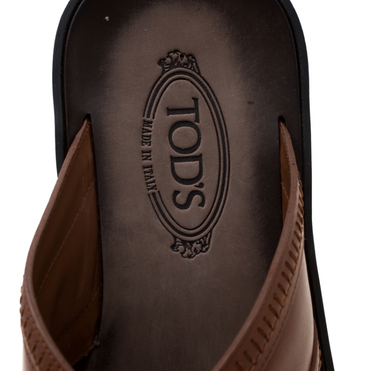 Pre Owned Tod's Brown Leather Crossed Strap Slider Sandals Size 42.5