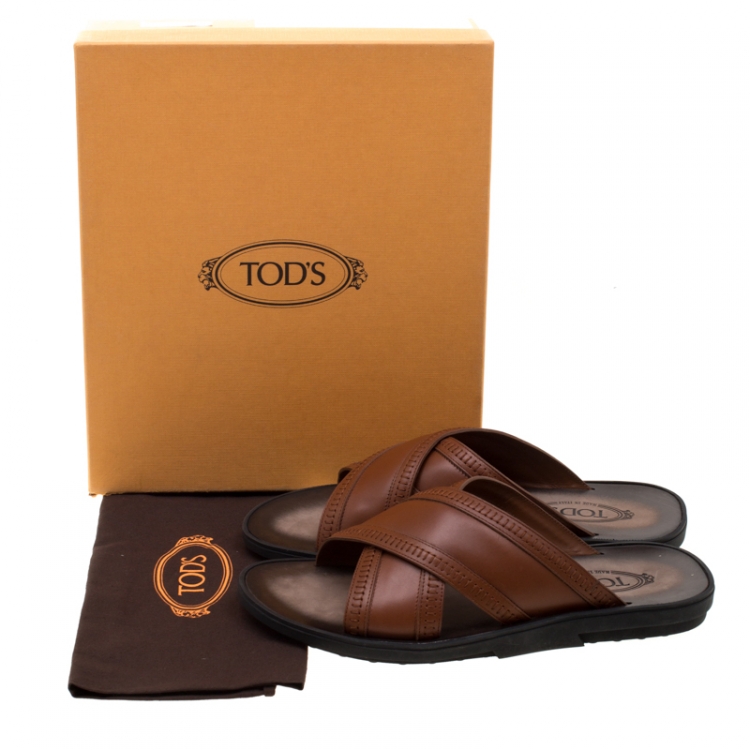 Pre Owned Tod's Brown Leather Crossed Strap Slider Sandals Size 42.5