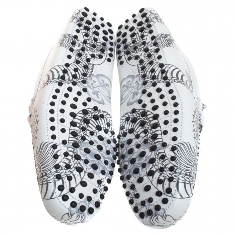 Pre Owned Tod's White Leather Dragon Print Double T Loafers Size 43