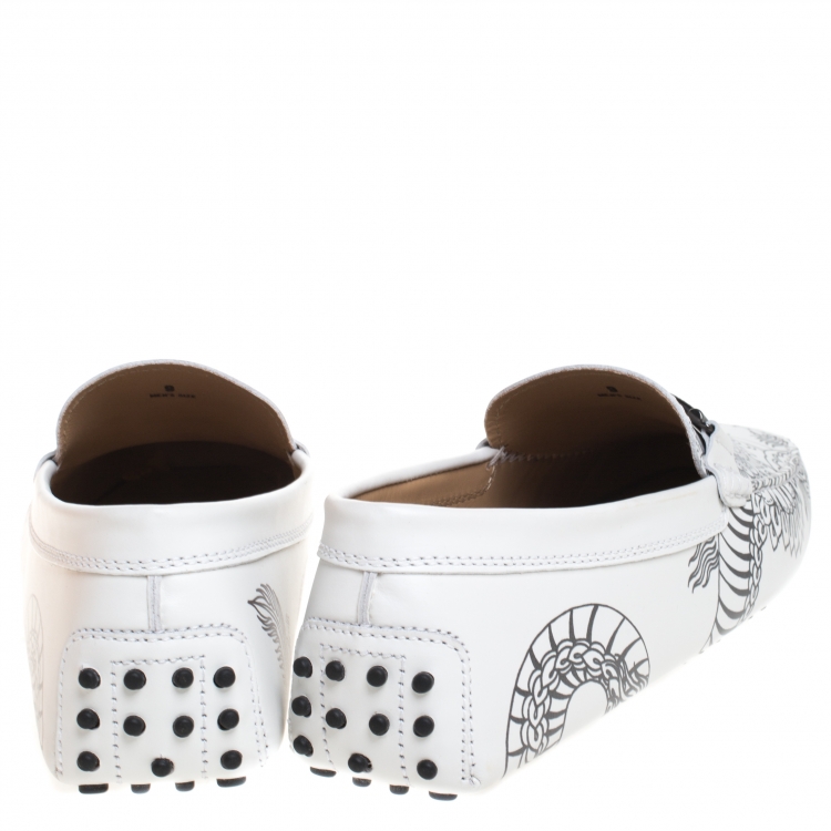 Pre Owned Tod's White Leather Dragon Print Double T Loafers Size 43