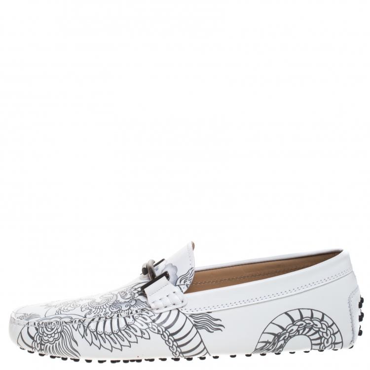 Pre Owned Tod's White Leather Dragon Print Double T Loafers Size 43
