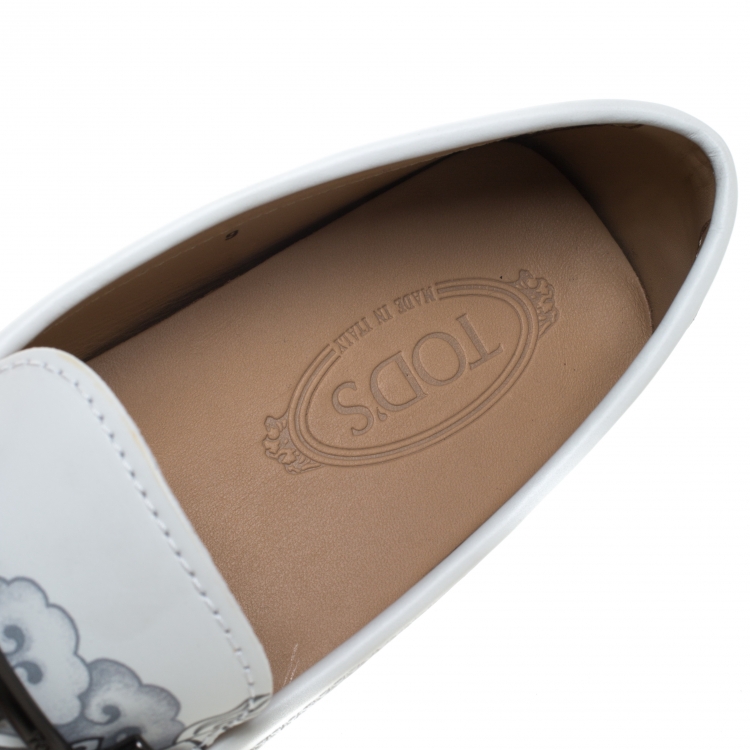 Pre Owned Tod's White Leather Dragon Print Double T Loafers Size 43