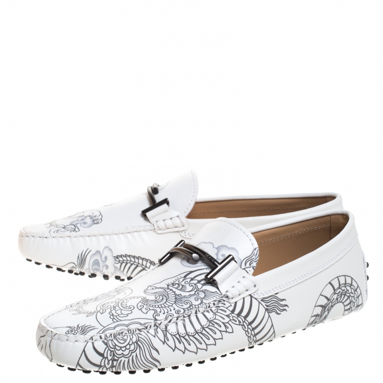 Pre Owned Tod's White Leather Dragon Print Double T Loafers Size 43