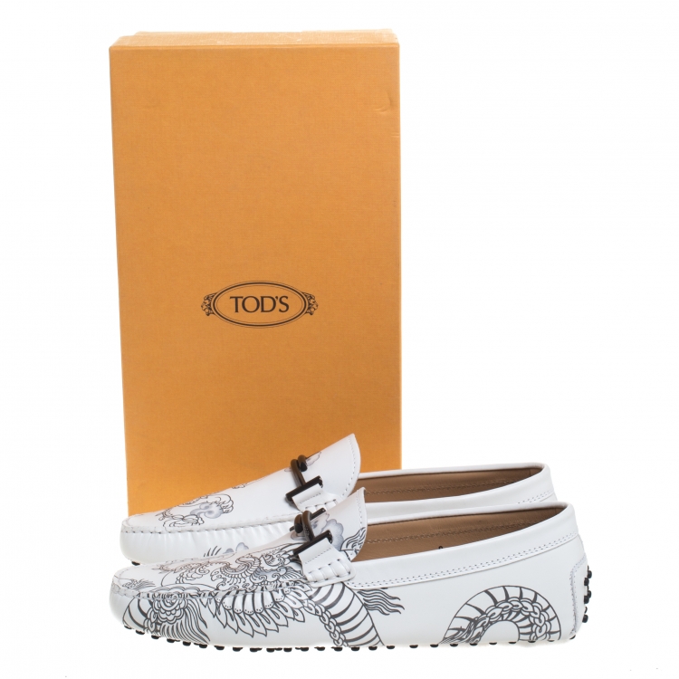 Pre Owned Tod's White Leather Dragon Print Double T Loafers Size 43