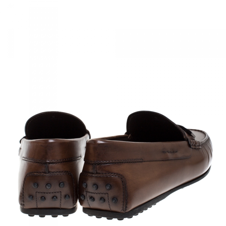 Pre Owned Tod's Brown Leather Braided Horsebit Slip On Loafers Size 43