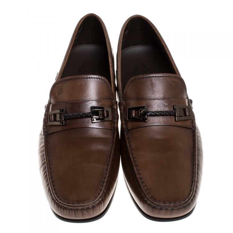Pre Owned Tod's Brown Leather Braided Horsebit Slip On Loafers Size 43
