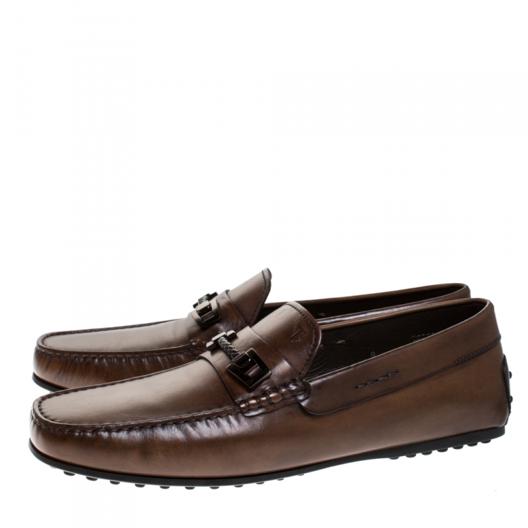 Pre Owned Tod's Brown Leather Braided Horsebit Slip On Loafers Size 43