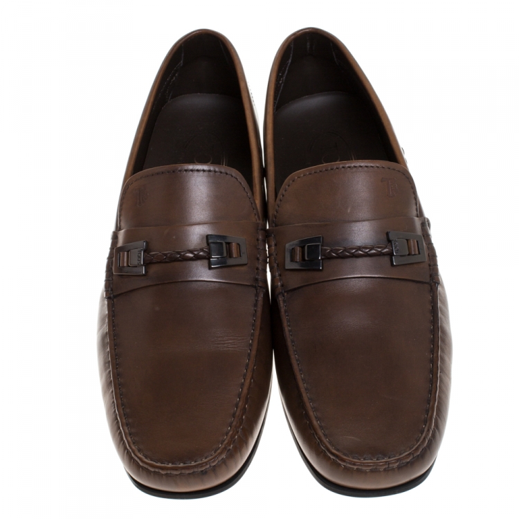 مملوكة مسبقًا Tod's Brown Leather Braided Horsebit Slip On Loafers Size 10